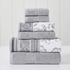 Modern Threads 6-Piece Yarn Dyed Jacquard/Solid towel set Ophelia Stone