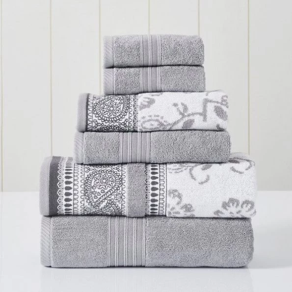 Modern Threads 6-Piece Yarn Dyed Jacquard/Solid towel set Ophelia Stone