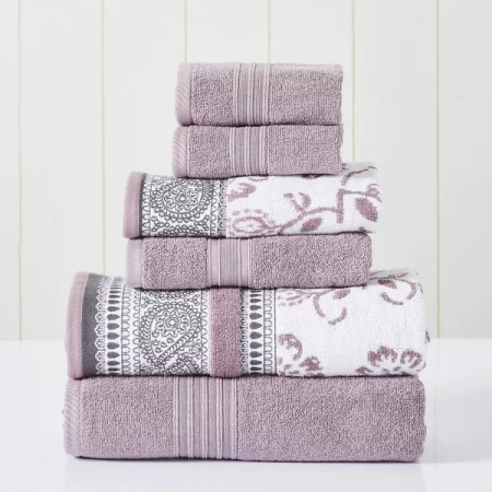 Modern Threads 6-Piece Yarn Dyed Jacquard/Solid towel set Ophelia Orchid