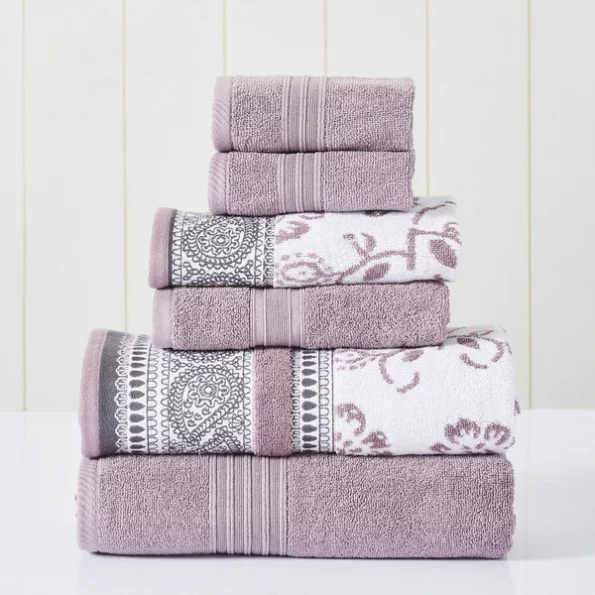Modern Threads 6-Piece Yarn Dyed Jacquard/Solid towel set Ophelia Orchid