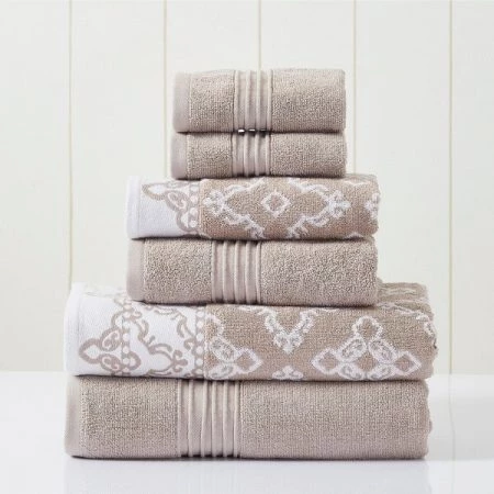 Modern Threads 6-Piece Yarn Dyed Jacquard/Solid towel set Charlize Fawn