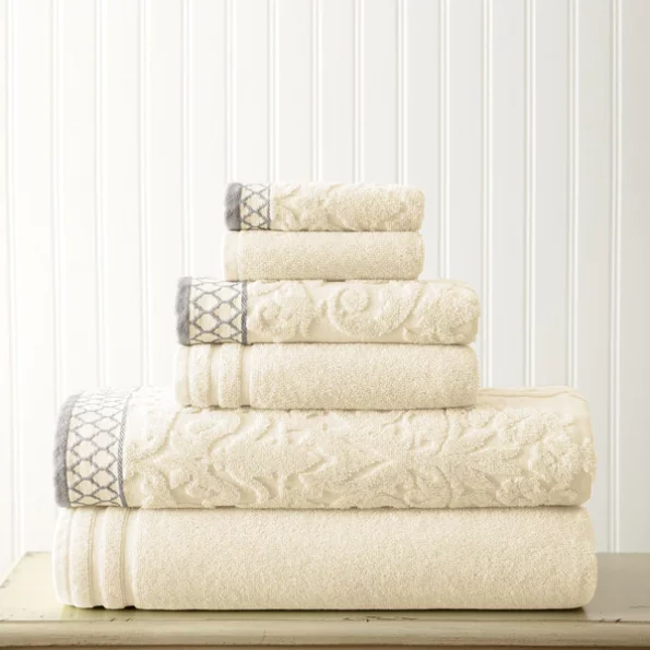 Modern Threads Damask Jacquard towels with embellished border 6 piece set Ivory 1 Damask Jacquard towels with embellished border 6 piece set Ivory