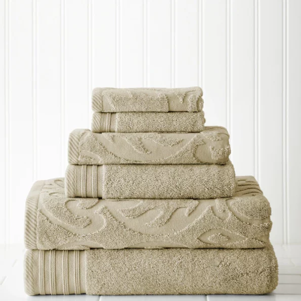 6 piece Jacquard/Solid towel set-Medallion Swirl Denim