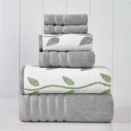 Modern Threads 6-Piece Yarn Dyed towel set Organic Vines Sage Green