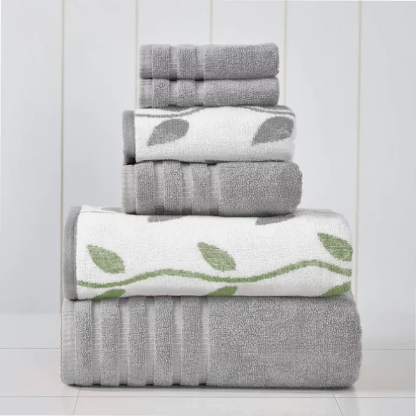 6-Piece Yarn Dyed towel set Organic Vines Sage Green