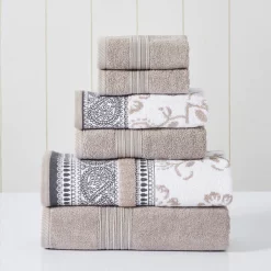 Modern Threads 6-Piece Yarn Dyed Jacquard/Solid towel set Ophelia Fawn