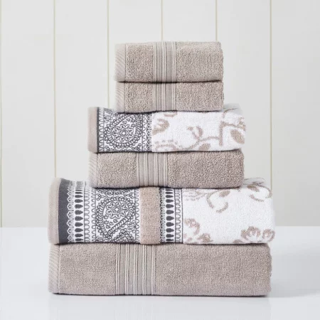 Modern Threads 6-Piece Yarn Dyed Jacquard/Solid towel set Ophelia Fawn