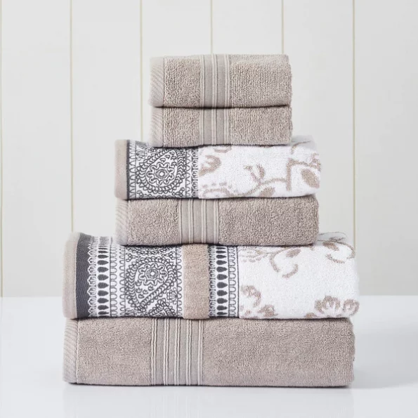Modern Threads 6-Piece Yarn Dyed Jacquard/Solid towel set Ophelia Fawn