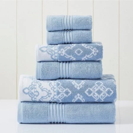 Modern Threads 6-Piece Yarn Dyed Jacquard/Solid towel set Charlize Blue