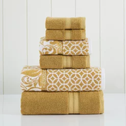 Modern Threads 6 Piece reversible yarn dyed jacquard towel set Trefoil Filigree Gold