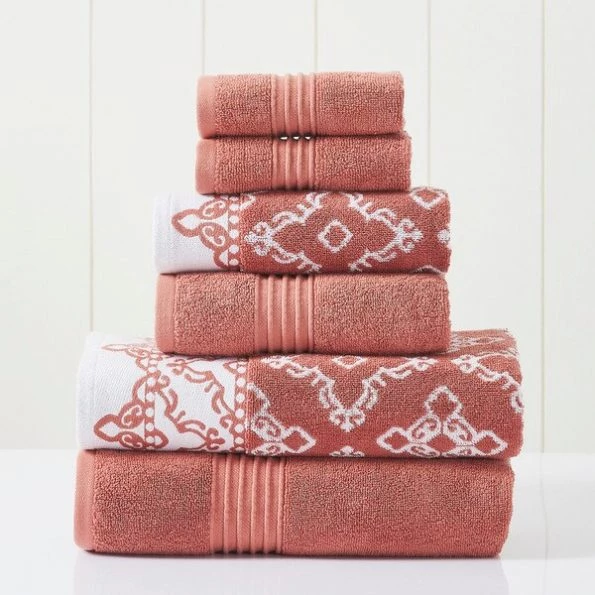 Modern Threads 6-Piece Yarn Dyed Jacquard/Solid towel set Charlize Clay