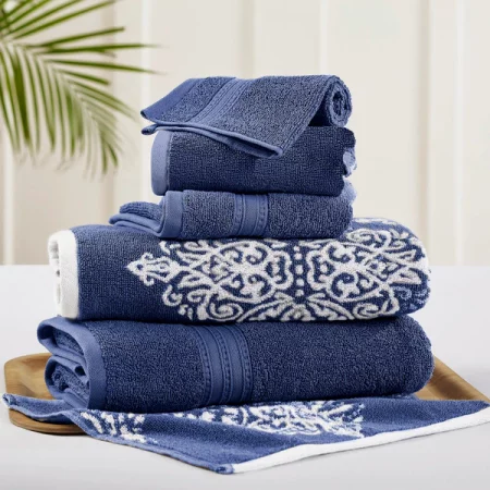Modern Threads 6 Piece reversible yarn dyed jacquard towel set Artesia Damask Indigo