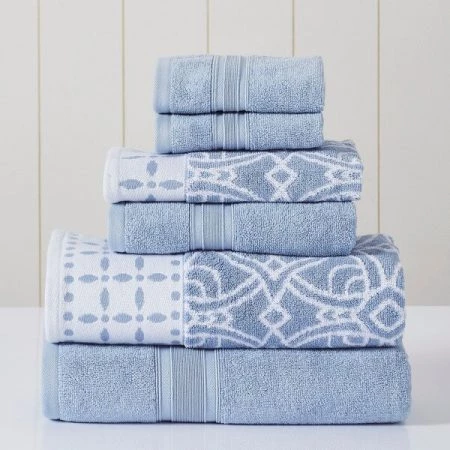 Modern Threads 6-Piece Yarn Dyed Jacquard/Solid towel set Monroe Blue