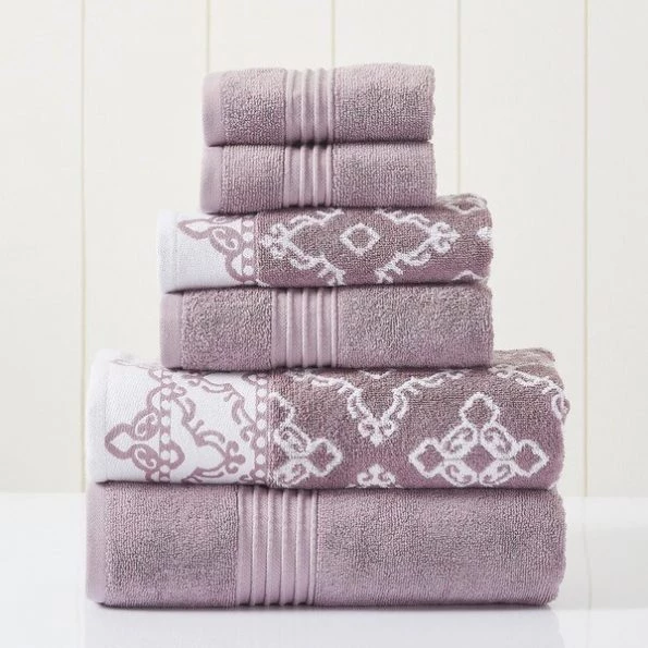 Modern Threads 6-Piece Yarn Dyed Jacquard/Solid towel set Charlize Orchid