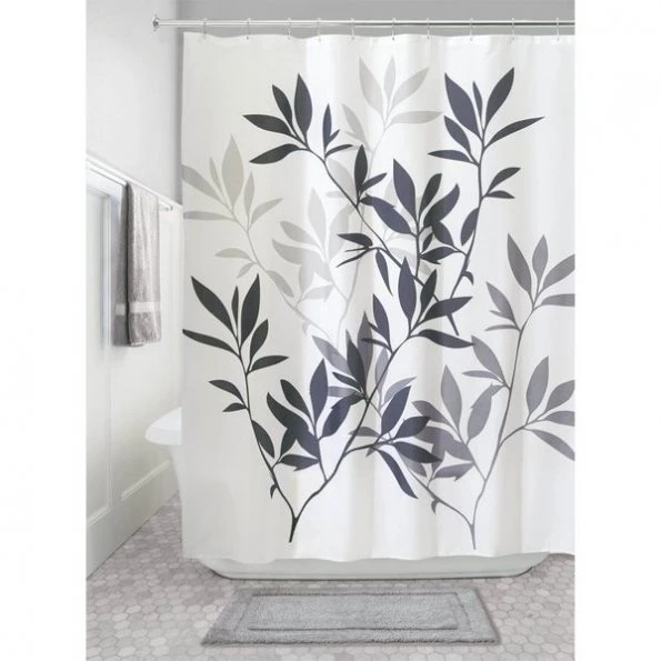 iDesign 72 in. H X 72 in. W Black/Gray Leaves Shower Curtain Polyester