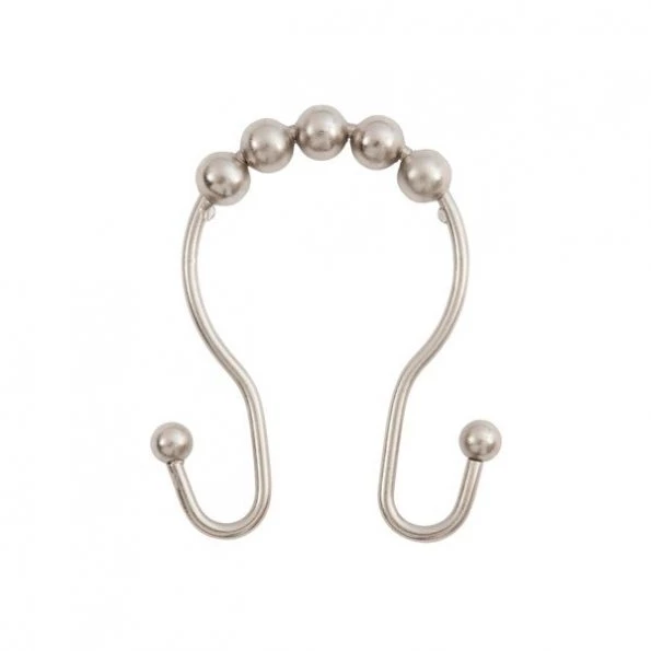 Beaded Roller Shower Curtain Double Hooks, Set of 12, Brushed Nickel
