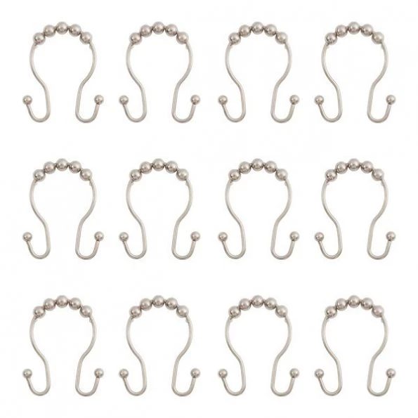 Beaded Roller Shower Curtain Double Hooks, Set of 12, Brushed Nickel