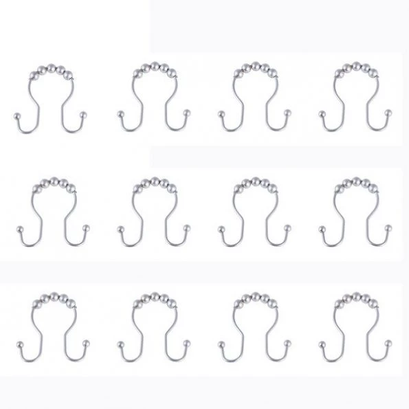 Rust-Proof Beaded Roller Double Shower Hooks, Set of 12, Matte Grey
