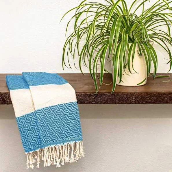 100% Cotton Turkish Hand Towels, 18 x 40 Diamond Peshtemal Kitchen and Bath Towels, Blue, PK 2