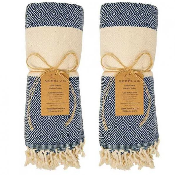 100% Cotton Turkish Bath Towel, 40 x 70 Diamond Peshtemal, Navy, PK 2