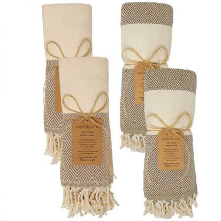 Deerlux 100% Cotton Turkish Hand Towels and Bath Towels, Diamond Peshtemal, Beige, PK 2