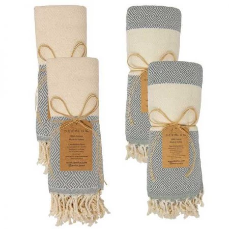 Deerlux 100% Cotton Turkish Hand Towels and Bath Towels, Diamond Peshtemal, Gray, PK 2