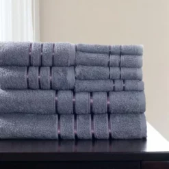 Hastings Home 8 Piece 100 Percent Cotton Plush Bath Towel Set – Silver