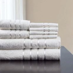 Hastings Home 8 Piece 100 Percent Cotton Plush Bath Towel Set – White