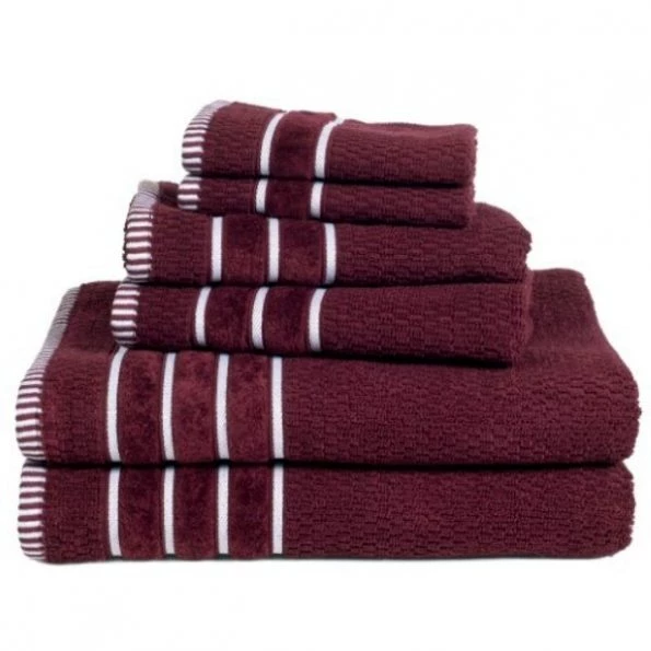 Combed Cotton Rice Weave 6-piece Set with 2 Bath Towels, 2 Hand Towels and 2 Washcloths | Burgundy