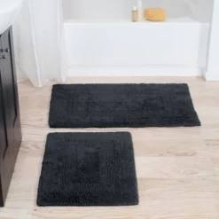 2-piece Cotton Bathmat Set, 100-percent Cotton Reversible, Soft, Absorbent, Washable Rugs (Black)