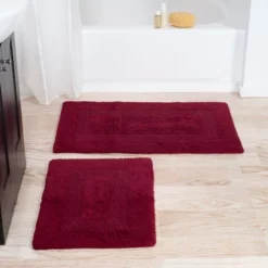 2-piece 100-percent Cotton Bath Mat, Reversible, Soft, Absorbent Bathroom Rugs, Burgundy