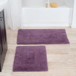 2-piece 100 percent Cotton Bath Mat Set, Reversible, Soft, Absorbent , Washable Rugs (Eggplant)