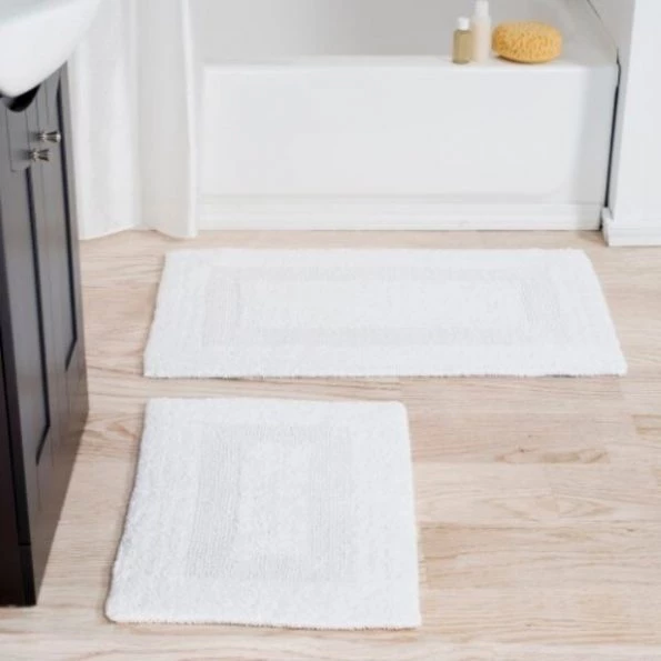2-piece 100-percent Cotton Bathmat, Reversible, Soft, Absorbent Bathroom Rugs, White