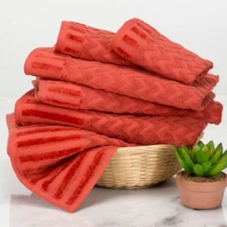 Hastings Home 6-Piece Cotton Deluxe Plush Bath Towel Set, Chevron Pattern Spa Luxury Decorative Towels (Brick)