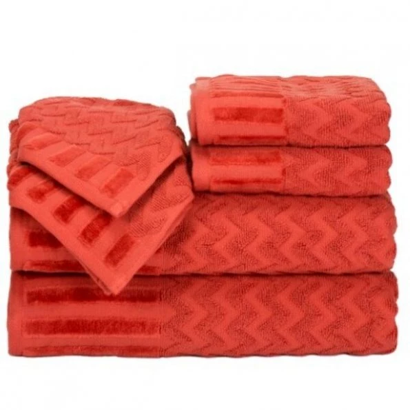 6-Piece Cotton Deluxe Plush Bath Towel Set, Chevron Pattern Spa Luxury Decorative Towels (Brick)