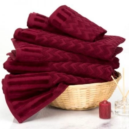 Hastings Home 6-Piece Cotton Deluxe Plush Bath Towel Set, Chevron Pattern Spa Luxury Decorative Towels (Burgundy)