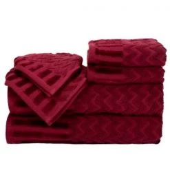 6-Piece Cotton Deluxe Plush Bath Towel Set, Chevron Pattern Spa Luxury Decorative Towels (Burgundy)
