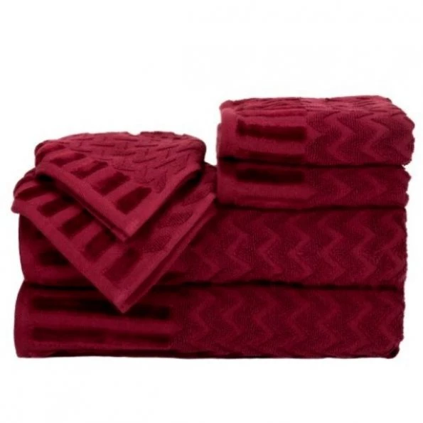 6-Piece Cotton Deluxe Plush Bath Towel Set, Chevron Pattern Spa Luxury Decorative Towels (Burgundy)
