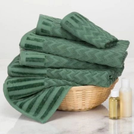 Hastings Home 6-Piece Cotton Deluxe Plush Bath Towel Set, Chevron Pattern Spa Luxury Decorative Towels, Green