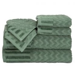 6-Piece Cotton Deluxe Plush Bath Towel Set, Chevron Pattern Spa Luxury Decorative Towels, Green