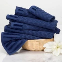 6-Piece Cotton Deluxe Plush Bath Towel Set, Chevron Pattern Spa Luxury Decorative Towels, Navy