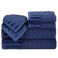 6-Piece Cotton Deluxe Plush Bath Towel Set, Chevron Pattern Spa Luxury Decorative Towels, Navy