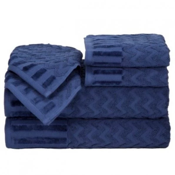 6-Piece Cotton Deluxe Plush Bath Towel Set, Chevron Pattern Spa Luxury Decorative Towels, Navy