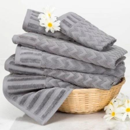 Hastings Home 6-Piece Cotton Deluxe Plush Bath Towel Set, Chevron Pattern Spa Luxury Decorative Towels (Silver)