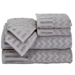 6-Piece Cotton Deluxe Plush Bath Towel Set, Chevron Pattern Spa Luxury Decorative Towels (Silver)
