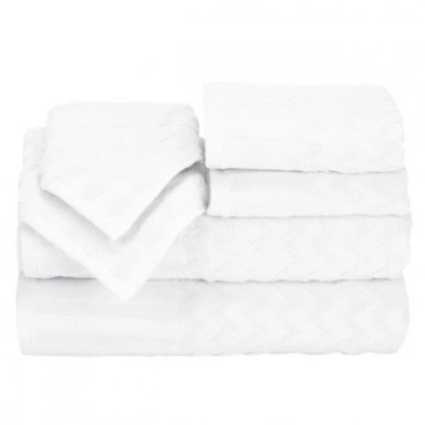6-Piece Cotton Deluxe Plush Bath Towel Set, Chevron Pattern Spa Luxury Decorative Towels, White