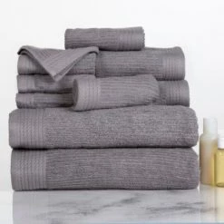 Hastings Home Ribbed 100 Percent Cotton 10 Piece Towel Set – Silver
