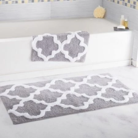 Hastings Home 100 Percent Cotton 2 Piece Trellis Bathroom Mat Set - Silver
