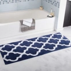 Hastings Home 100 Percent Cotton Trellis Bathroom Mat – 24×60 inches – Navy