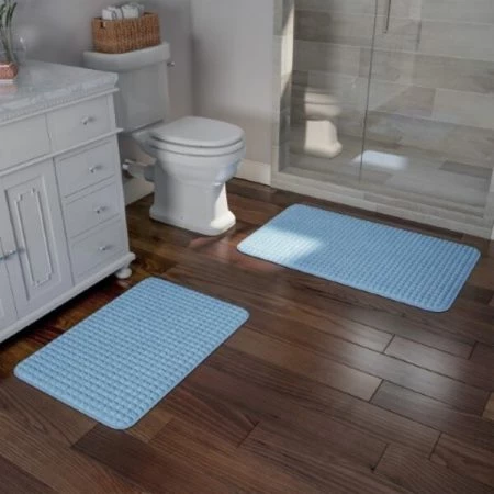 Hastings Home 2-piece Bathroom Rug Set, Memory Foam Mats, Jacquard Fleece Non-Slip Absorbent Runner, Blue